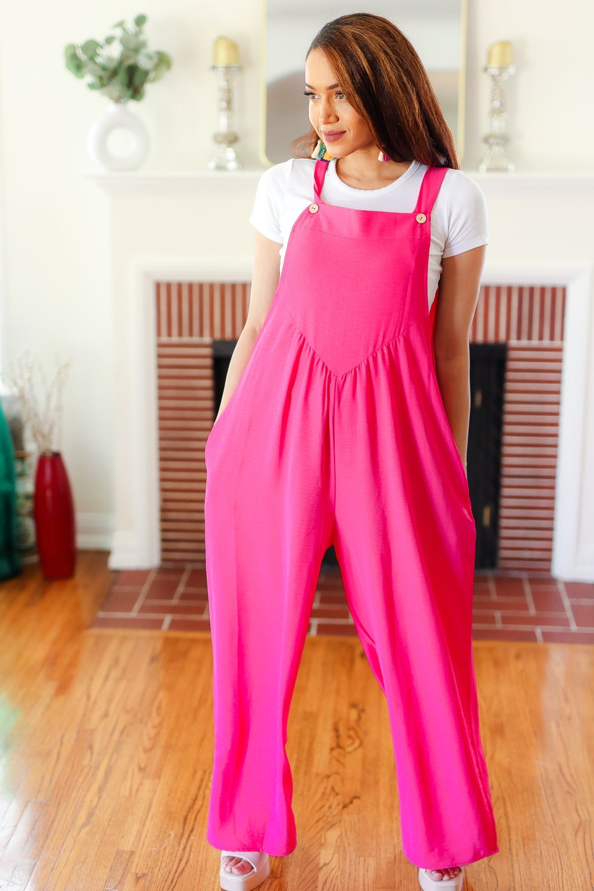 Haptics Summer Dreaming Pink Wide Leg Suspender Overall Jumpsuit Haptics
