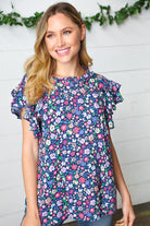 Haptics S, M Navy Floral Mock Neck Flutter Sleeve Top Final Sale Haptics