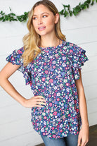 Haptics S, M Navy Floral Mock Neck Flutter Sleeve Top Final Sale Haptics