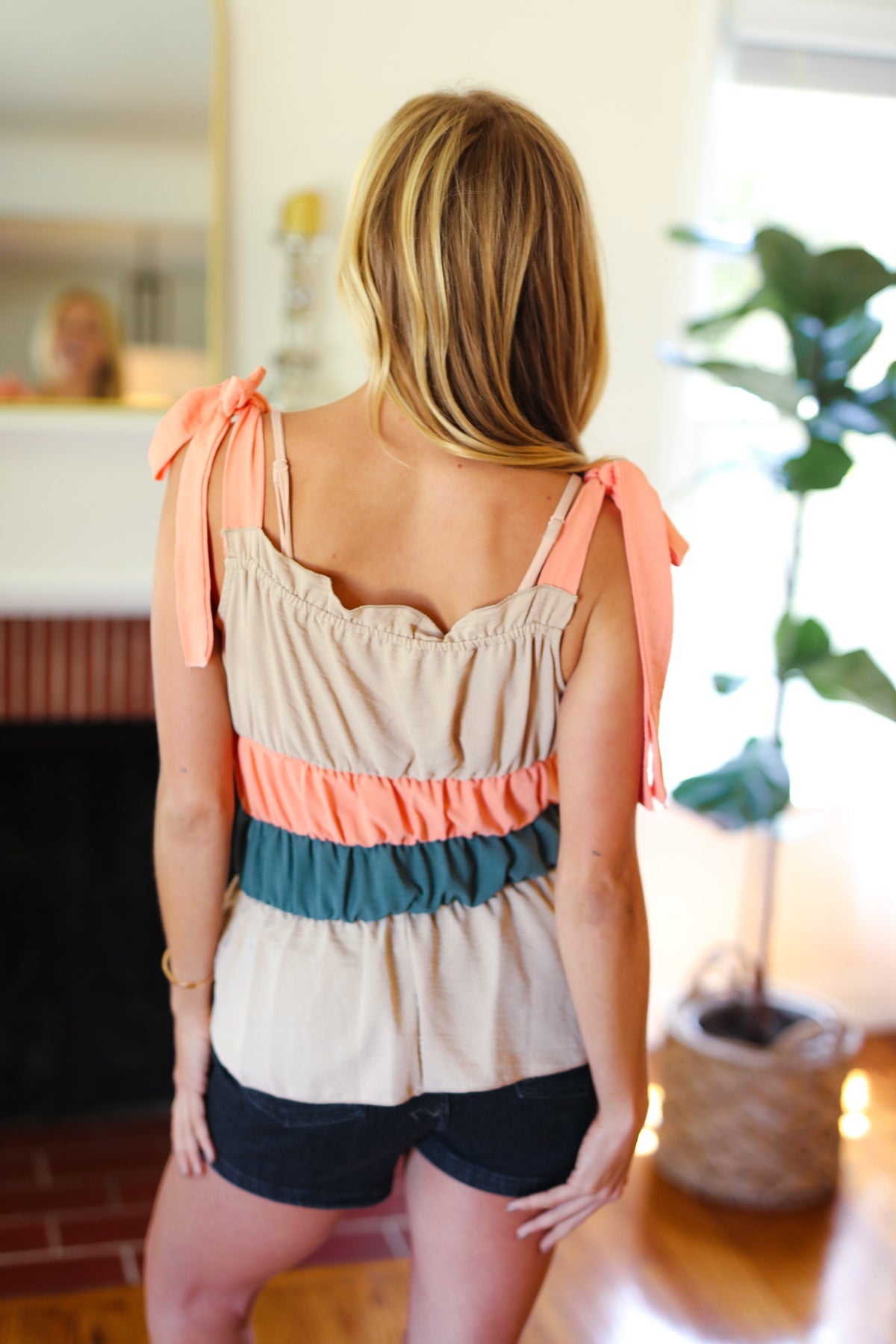 Sugarfox Peach Tie Knot Shoulder Detail Color Block Top Final Sale Sugarfox