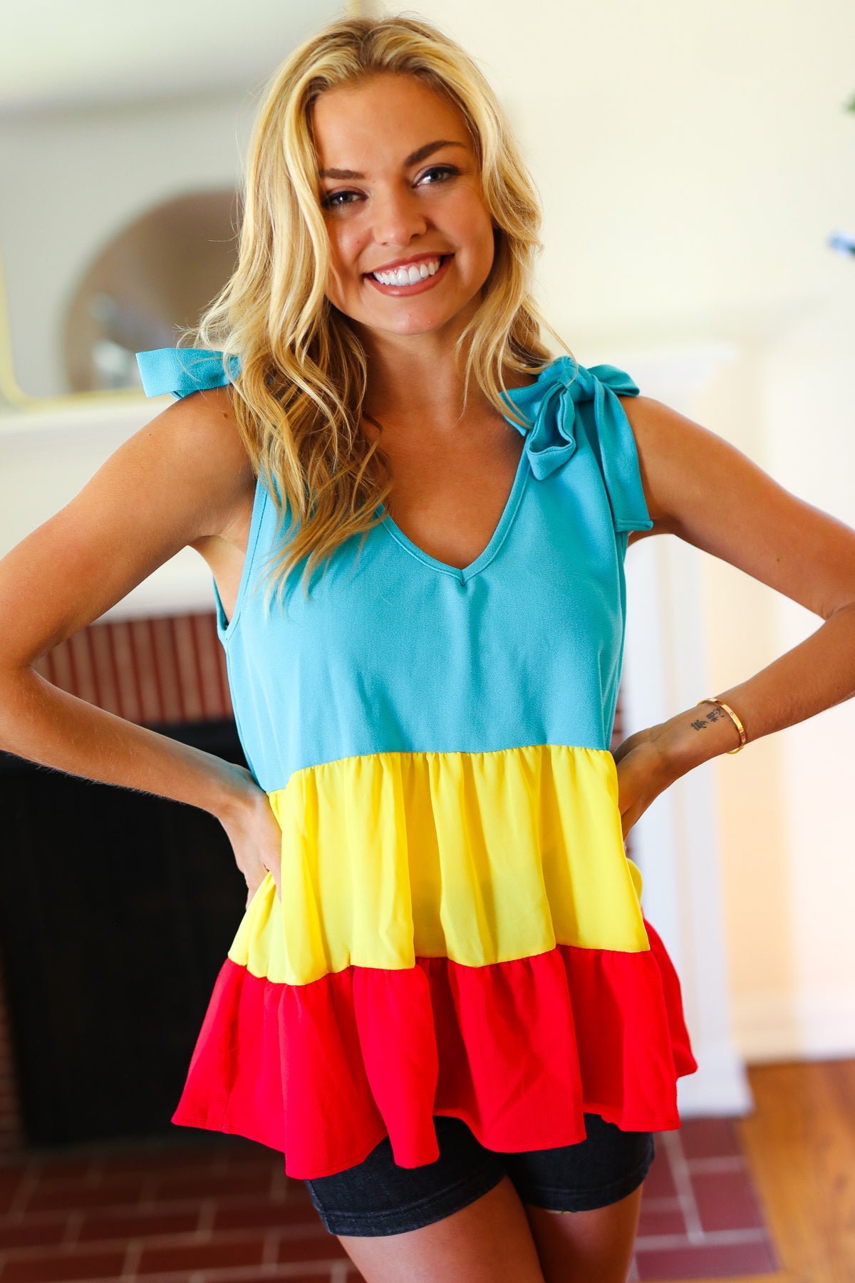 Haptics Multicolor Tiered Shoulder Tie Bow Crepe Top Final Sale 07-01-25 Summer Sale