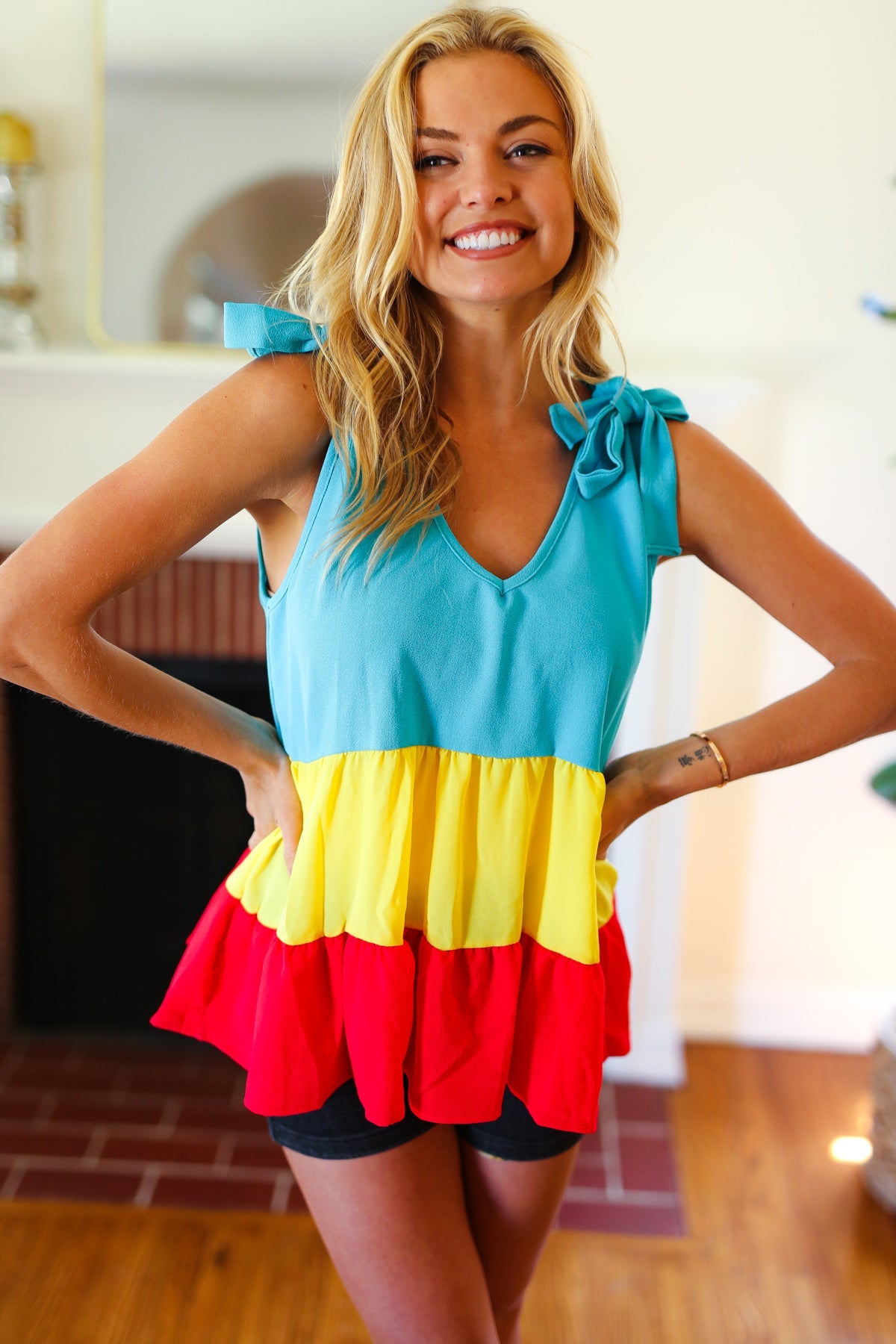 Haptics Multicolor Tiered Shoulder Tie Bow Crepe Top Final Sale 07-01-25 Summer Sale