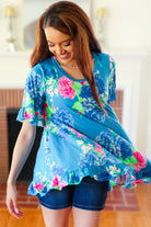 Hayzel Feeling Playful Blue Floral Ruffle Sleeve & Hem Tunic Top Hayzel