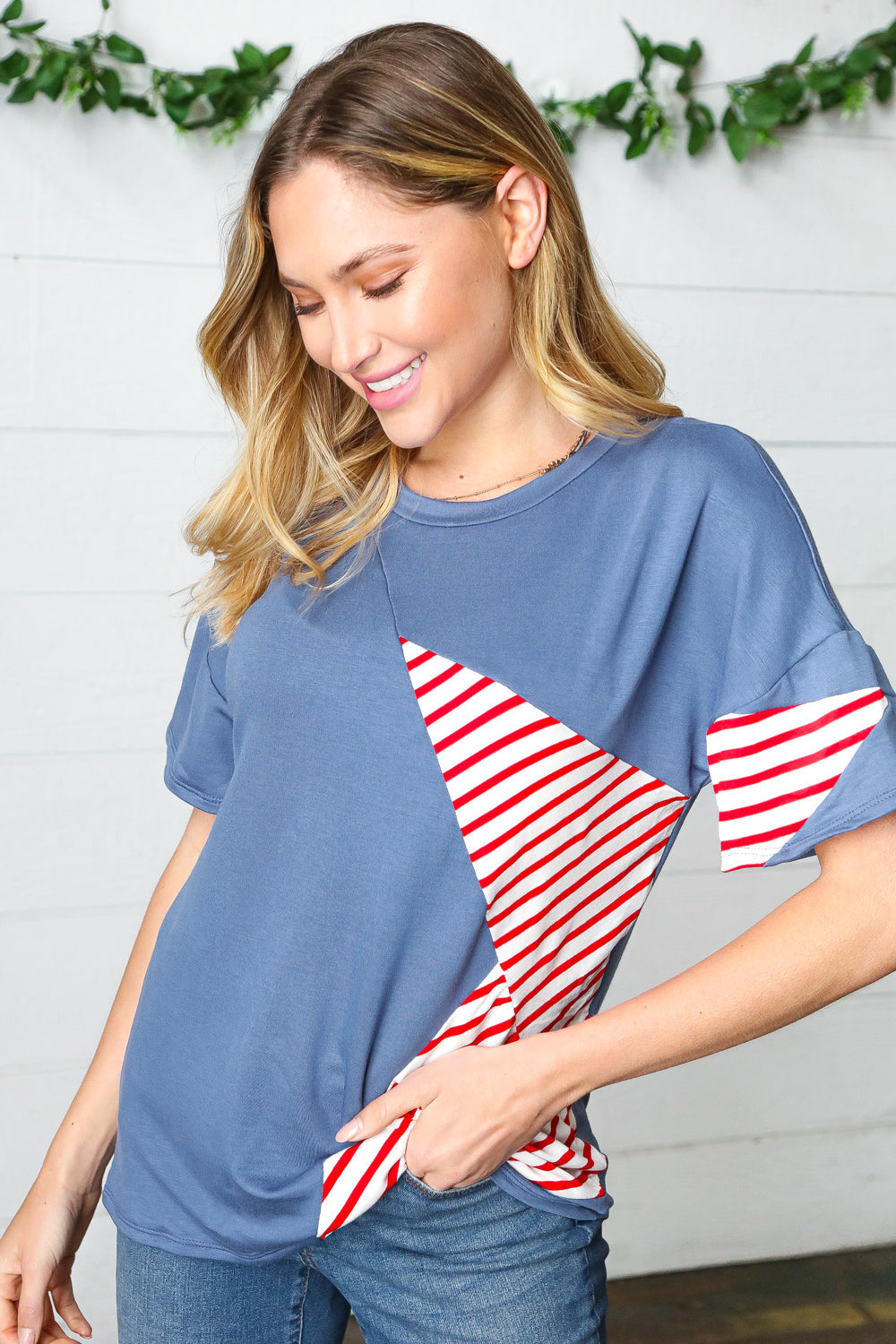 Haptics Red Striped Star Detail French Terry Patriotic Top