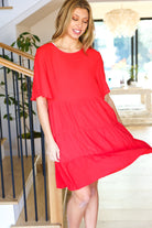 Haptics Feeling Bold Red Woven Panel Tiered Fluter Sleeve Dress Final Sale Haptics