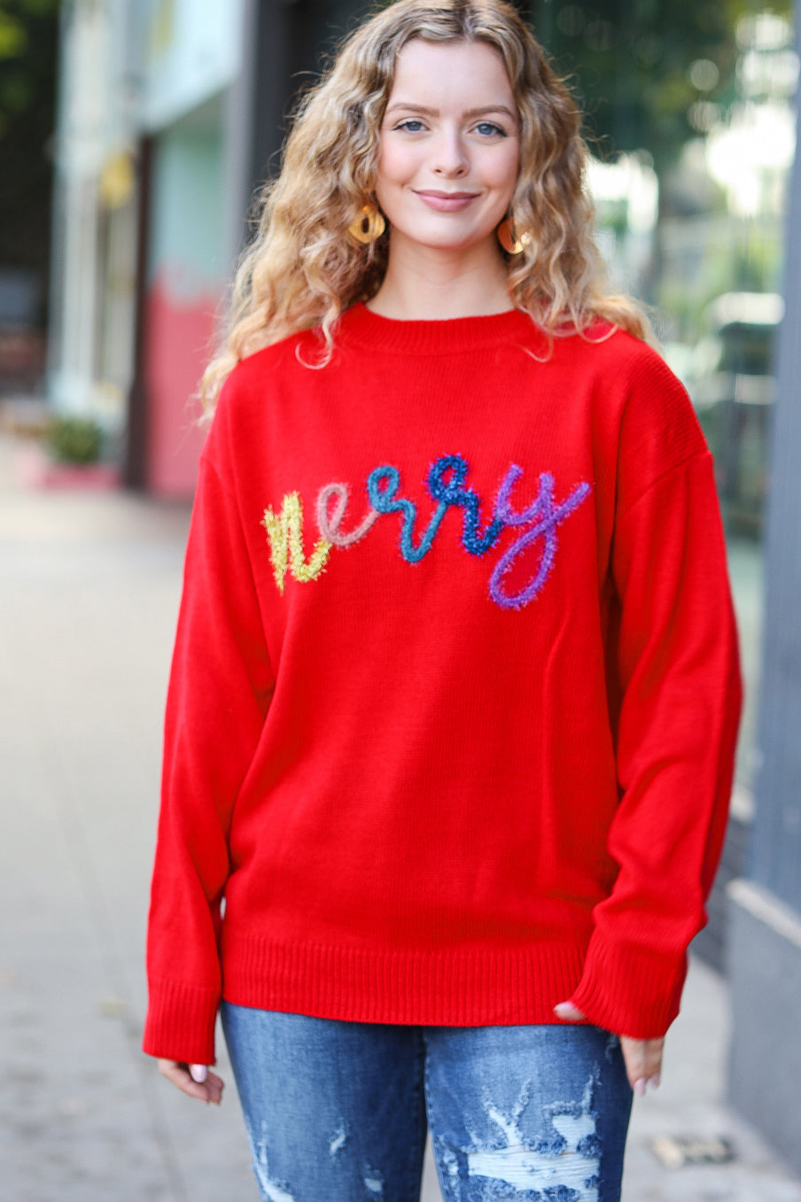 Haptics More The Merrier Red Pop Up Lurex Sweater Haptics