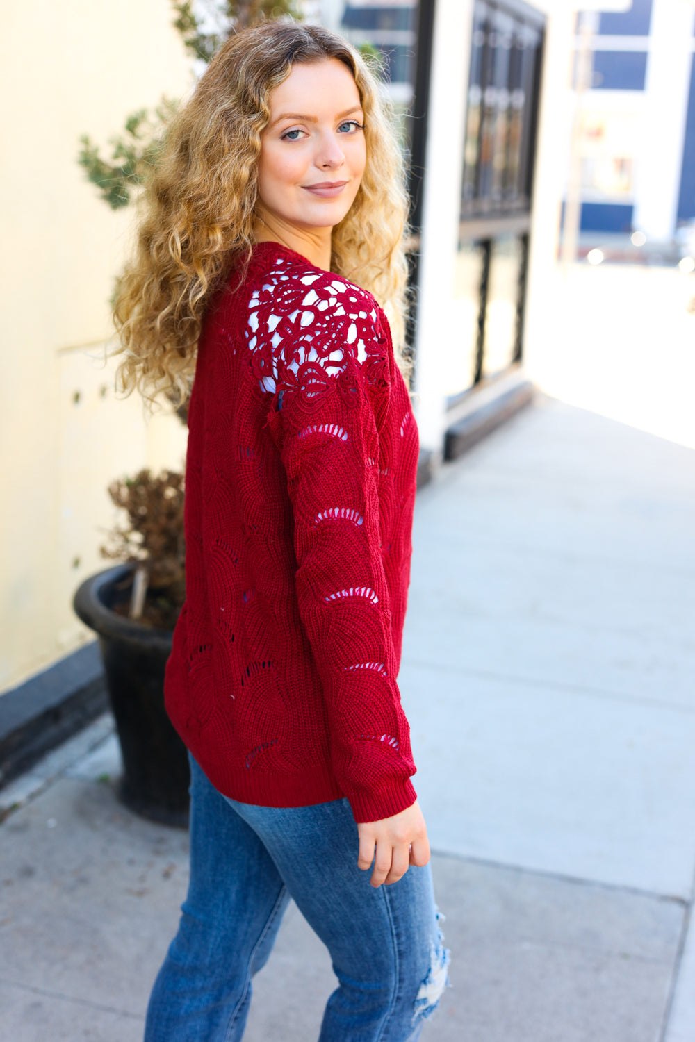 BiBi Casual Chic Burgundy Pointelle Lace Shoulder Knit Sweater