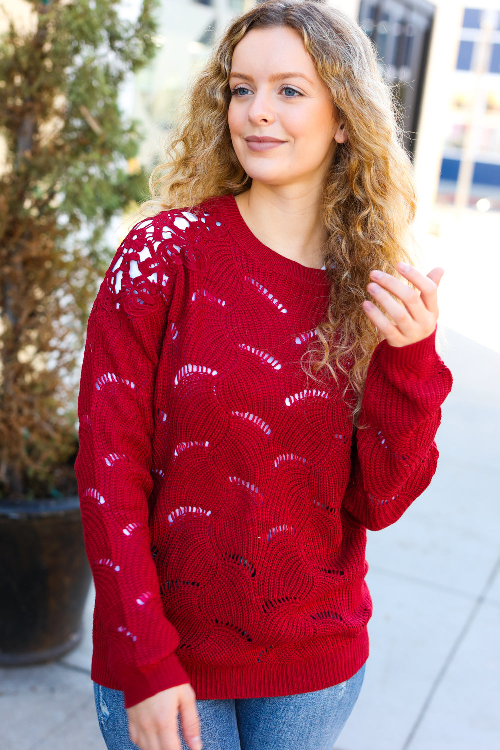 BiBi Casual Chic Burgundy Pointelle Lace Shoulder Knit Sweater