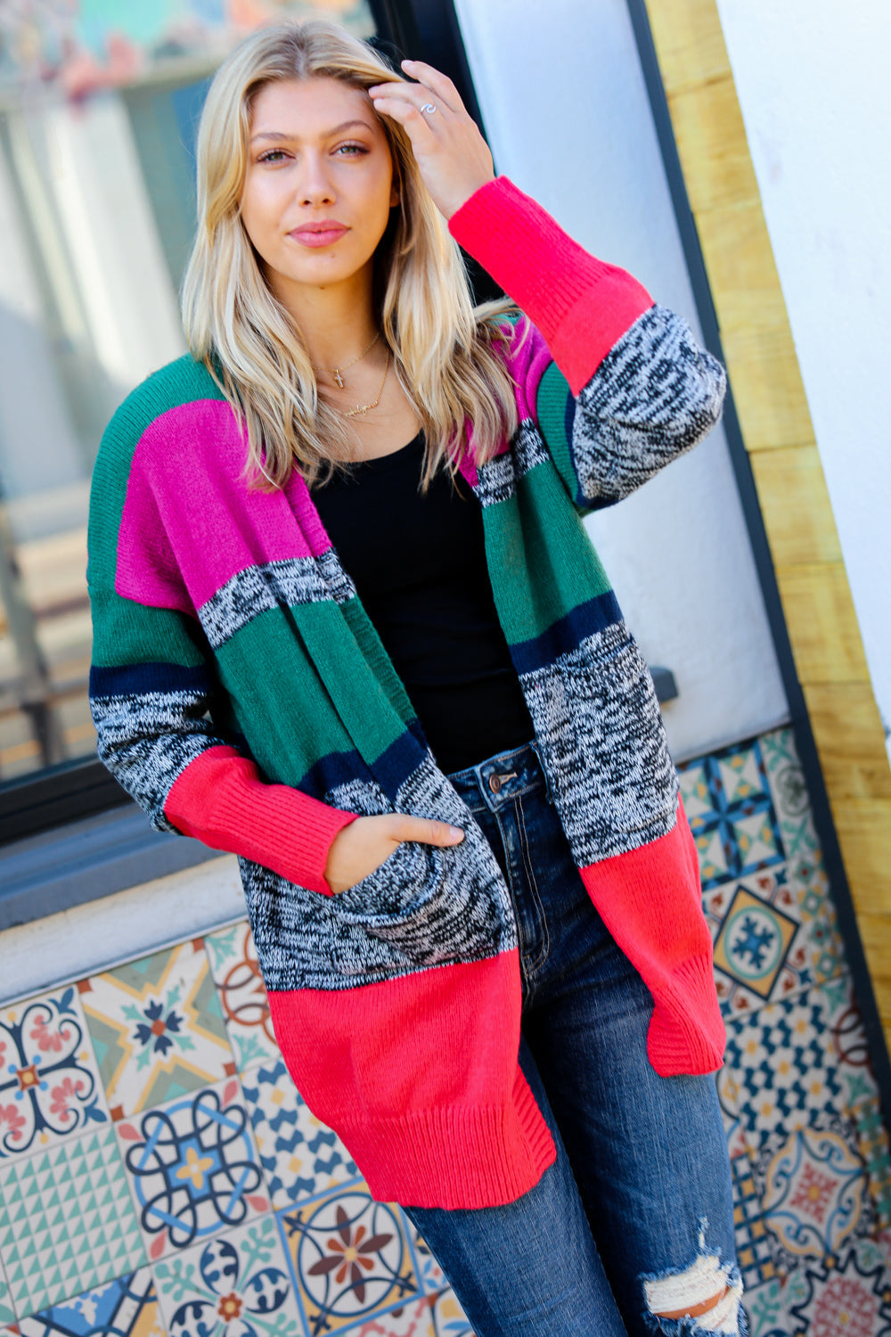 Haptics Magenta & Hunter Green Two Tone Cardigan Haptics