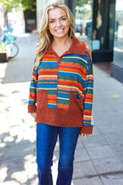Haptics Rust & Teal Striped Two Tone Knit Pocketed Top 2024 Blow-Out Sale