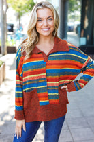 Haptics Rust & Teal Striped Two Tone Knit Pocketed Top Haptics