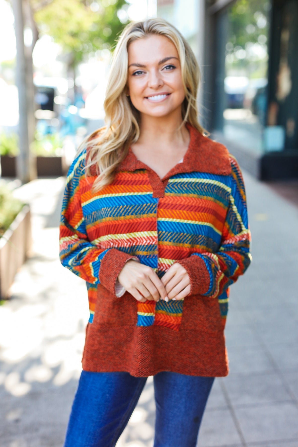 Haptics Rust & Teal Striped Two Tone Knit Pocketed Top 2024 Blow-Out Sale