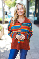Haptics Rust & Teal Striped Two Tone Knit Pocketed Top 2024 Blow-Out Sale