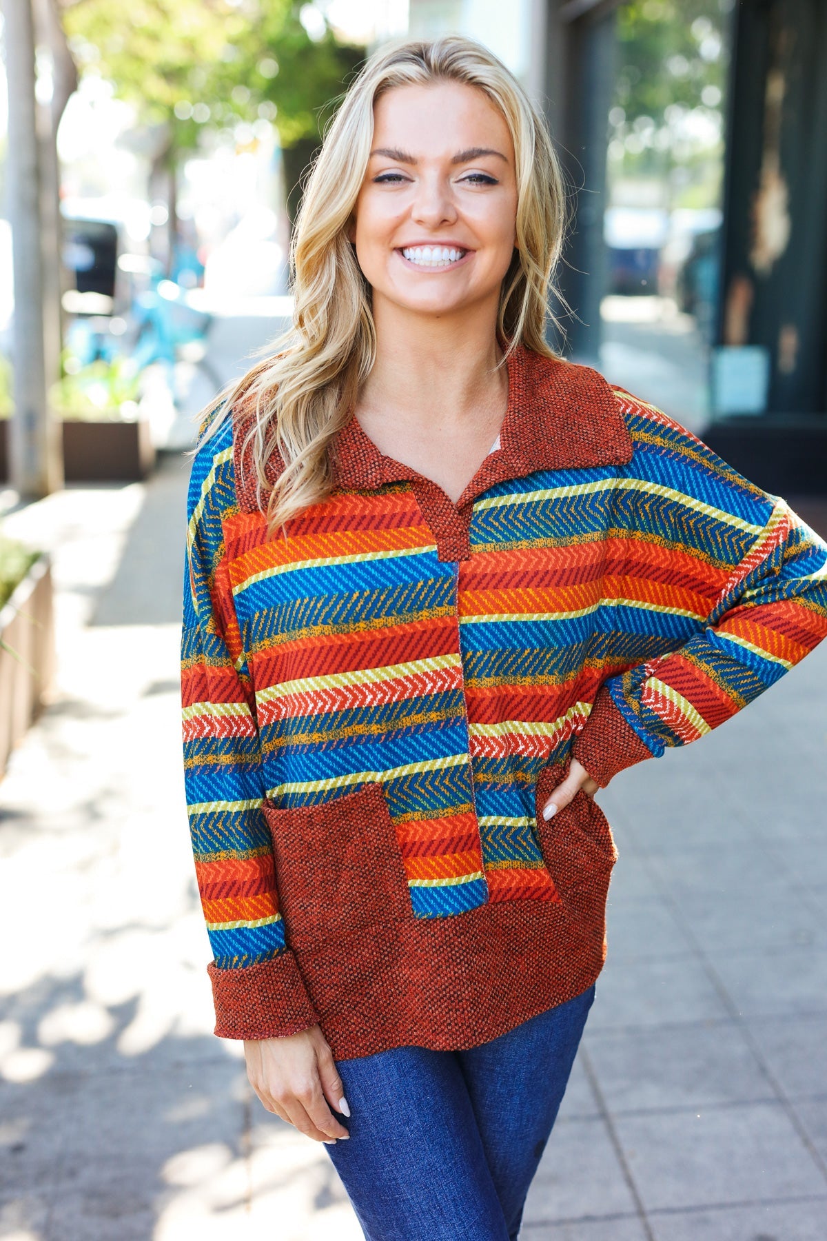 Haptics Rust & Teal Striped Two Tone Knit Pocketed Top 2024 Blow-Out Sale