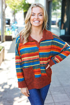 Haptics Rust & Teal Striped Two Tone Knit Pocketed Top 2024 Blow-Out Sale