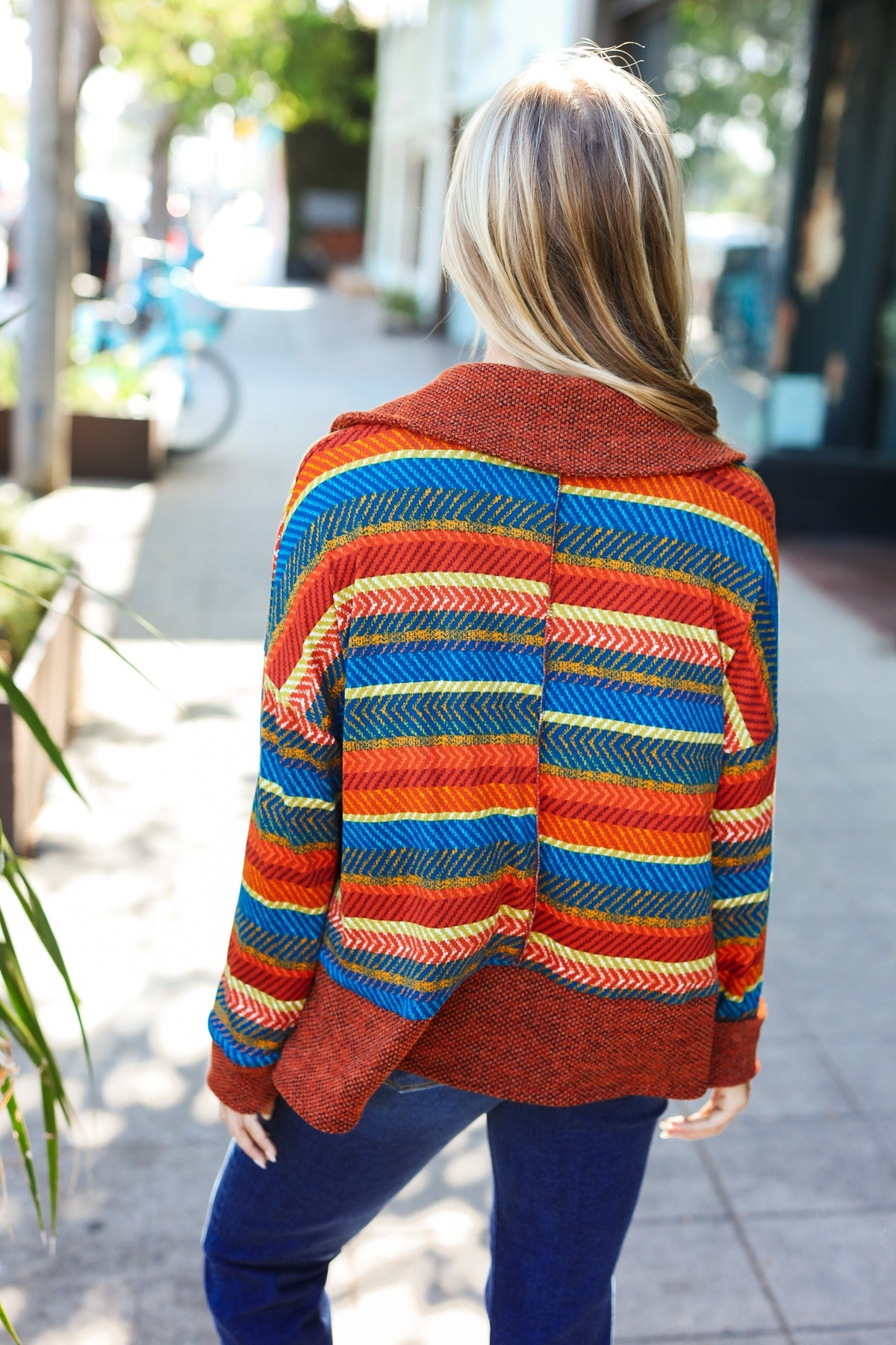 Haptics Rust & Teal Striped Two Tone Knit Pocketed Top 2024 Blow-Out Sale