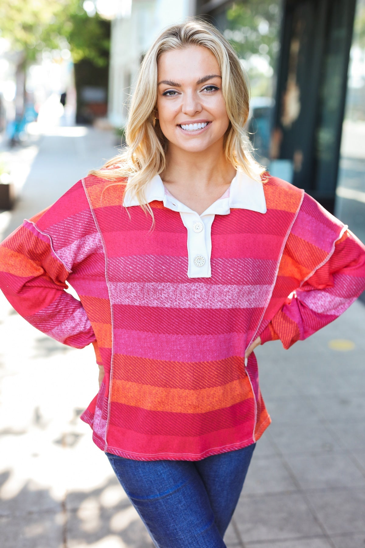 Haptics Be Bold Magenta Striped Button Down Placket Collared Top Haptics