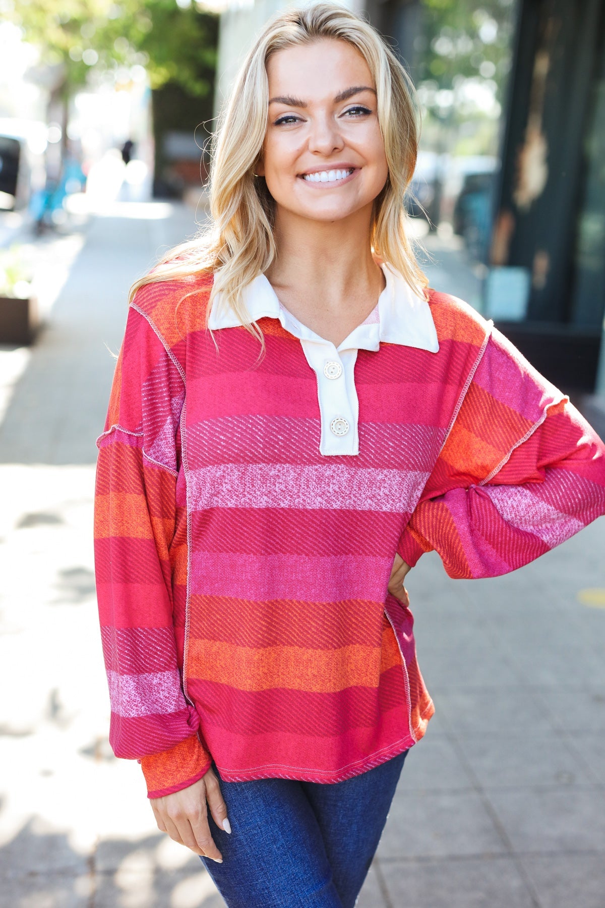 Haptics Be Bold Magenta Striped Button Down Placket Collared Top Haptics