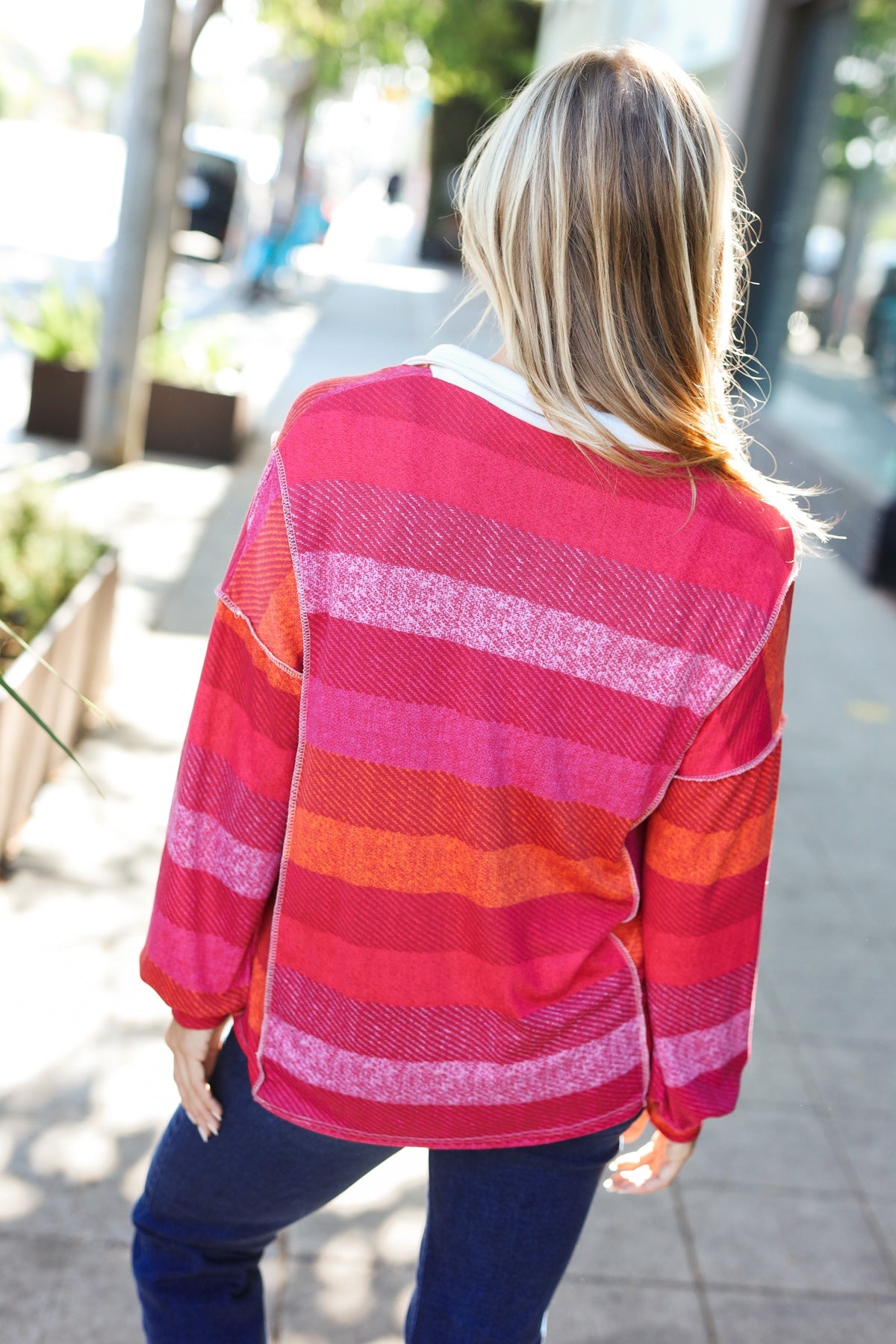 Haptics Days Striped Collared Reverse Seem Placket Long Sleeve Top