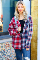 Haptics Red & Navy Plaid Color Block Hoodie Shacket Haptics