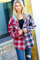 Haptics Red & Navy Plaid Color Block Hoodie Shacket Haptics