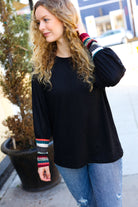 Haptics Black Multicolor Stripe Banded Puff Sleeve Top Haptics