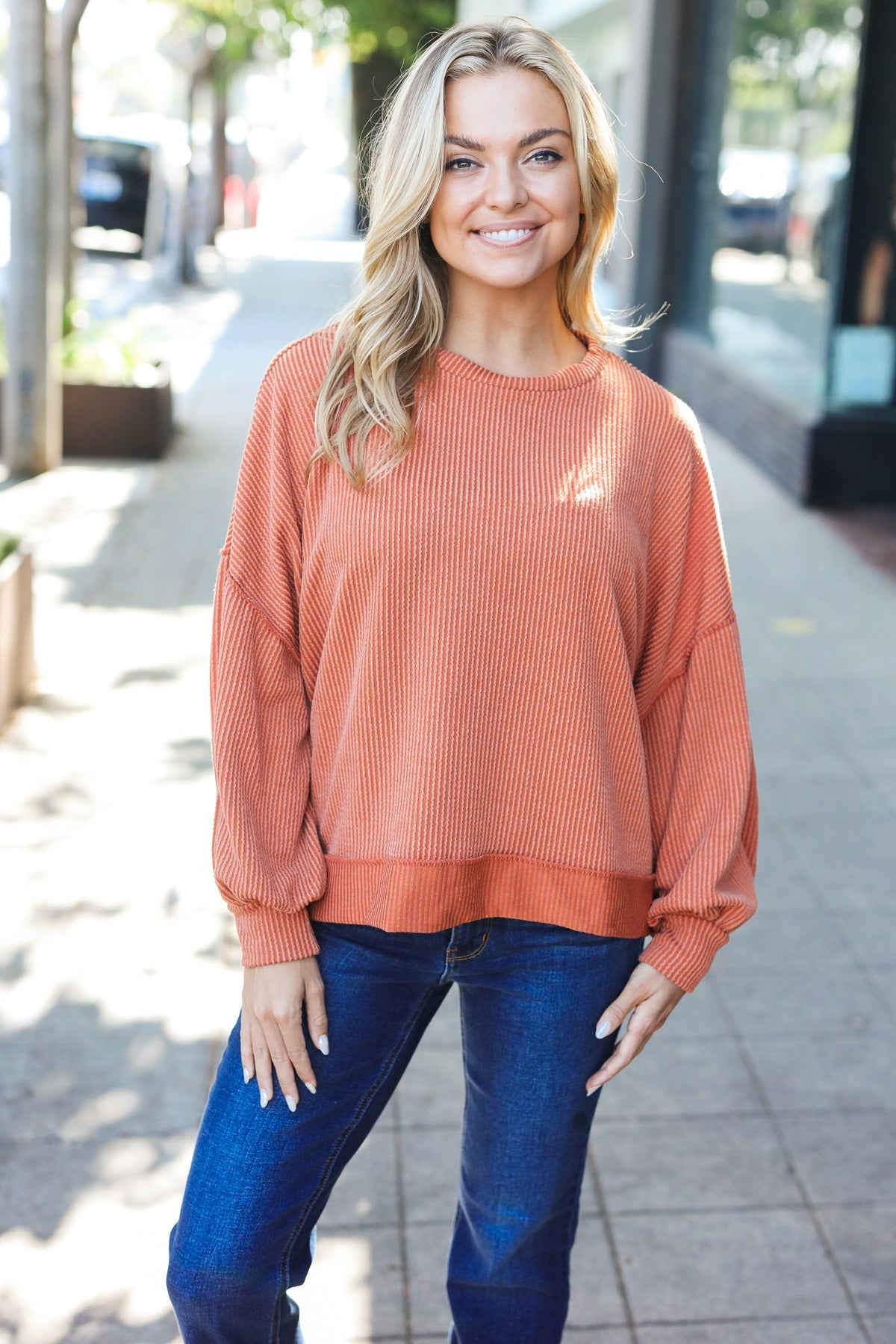 Haptics Weekend Ready Rust Mineral Wash Rib Pullover Top Haptics