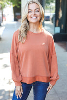 Haptics Weekend Ready Rust Mineral Wash Rib Pullover Top Haptics