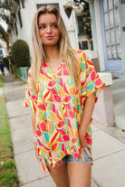 First Love Multicolor Abstract V Neck Dolman Sleeve Top