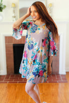 Hayzel Spread Joy Teal & Fuchsia Watercolor Floral Ruffle Sleeve Dress 3X Hayzel