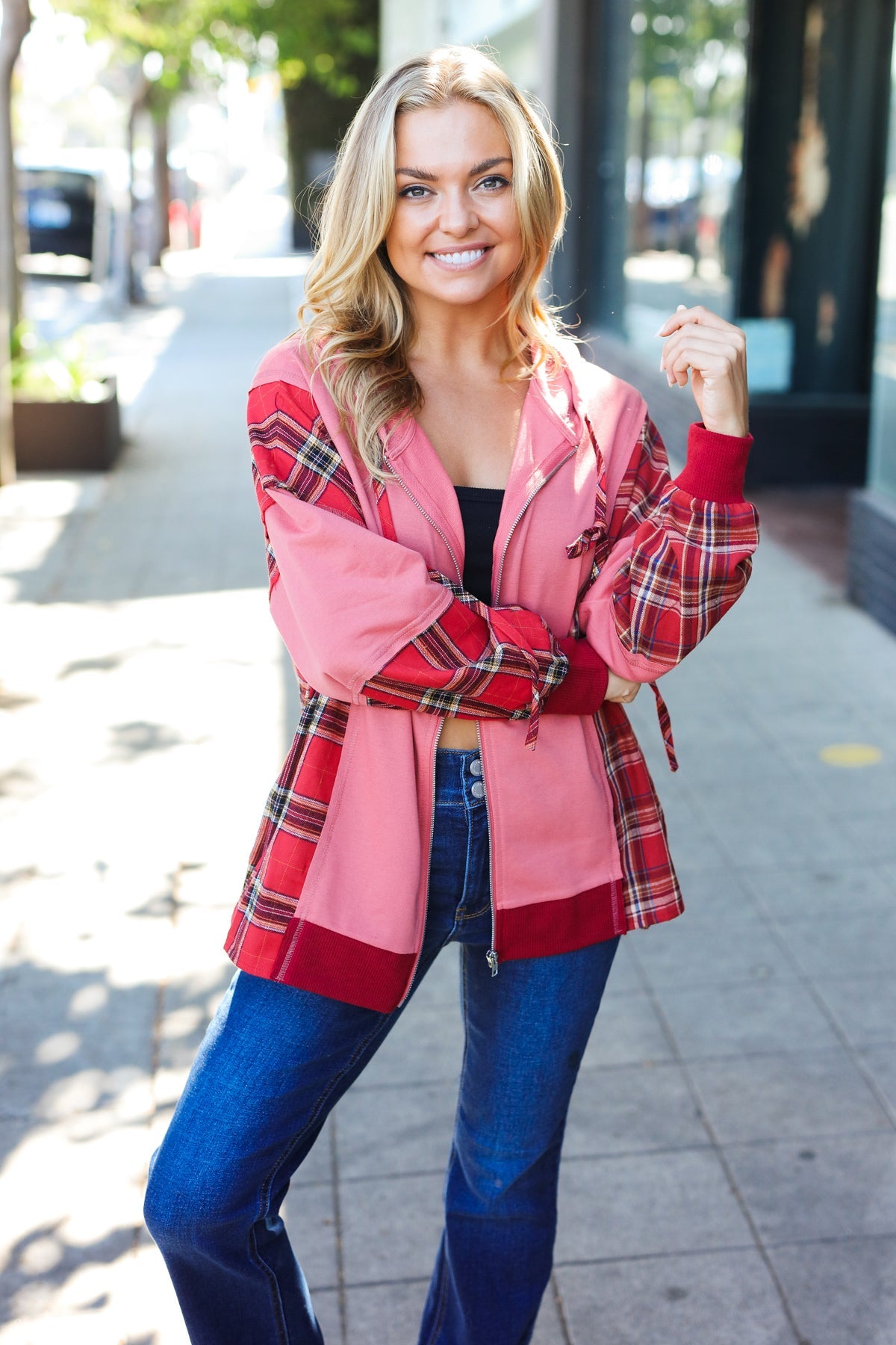 Haptics Marsala Plaid Color Block Zipper French Terry Hoodie