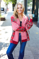Haptics Marsala Plaid Color Block Zipper French Terry Hoodie