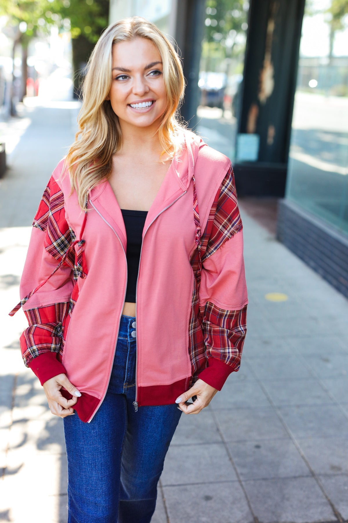 Haptics Marsala Plaid Color Block Zipper French Terry Hoodie