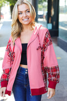 Haptics Marsala Plaid Color Block Zipper French Terry Hoodie