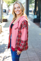 Haptics Marsala Plaid Color Block Zipper French Terry Hoodie