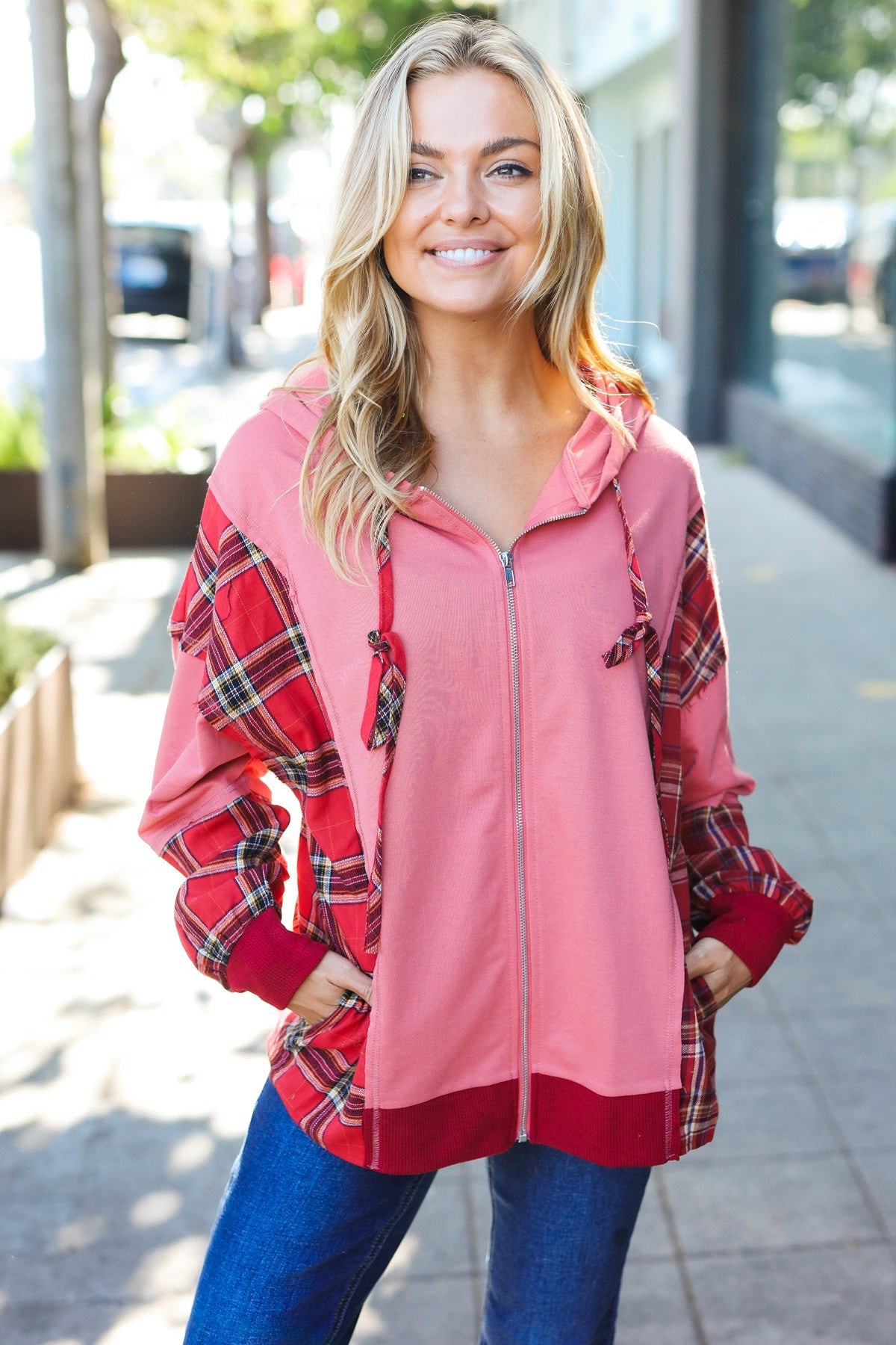 Haptics Marsala Plaid Color Block Zipper French Terry Hoodie
