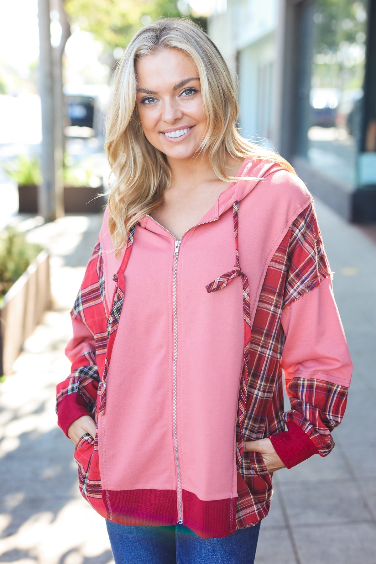 Haptics Marsala Plaid Color Block Zipper French Terry Hoodie