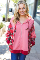 Haptics Marsala Plaid Color Block Zipper French Terry Hoodie