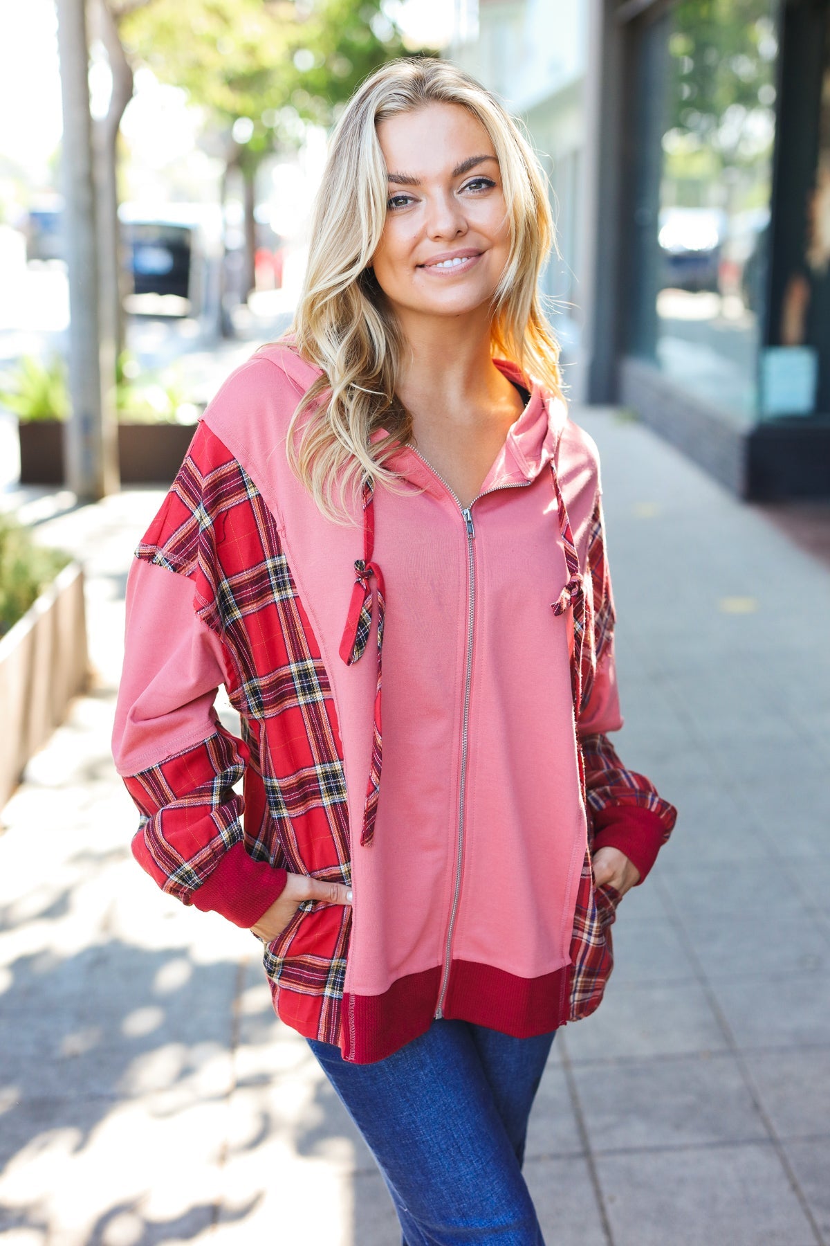 Haptics Marsala Plaid Color Block Zipper French Terry Hoodie