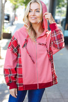 Haptics Marsala Plaid Color Block Zipper French Terry Hoodie