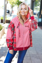 Haptics Marsala Plaid Color Block Zipper French Terry Hoodie