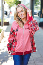 Haptics Marsala Plaid Color Block Zipper French Terry Hoodie