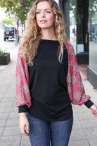 7th Ray You Got This Burgundy Plaid Dolman Round Neck Top