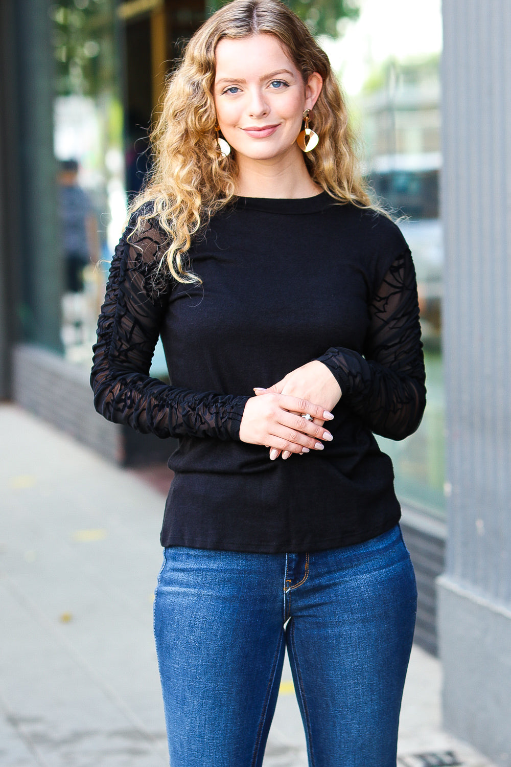 Haptics Can't Help But Love Black Shirred Velvet Mesh Blouse final sale Haptics