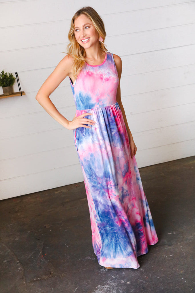 Haptics Pink & Blue Tie Dye Fit and Flare Sleeveless Maxi Dress Haptics