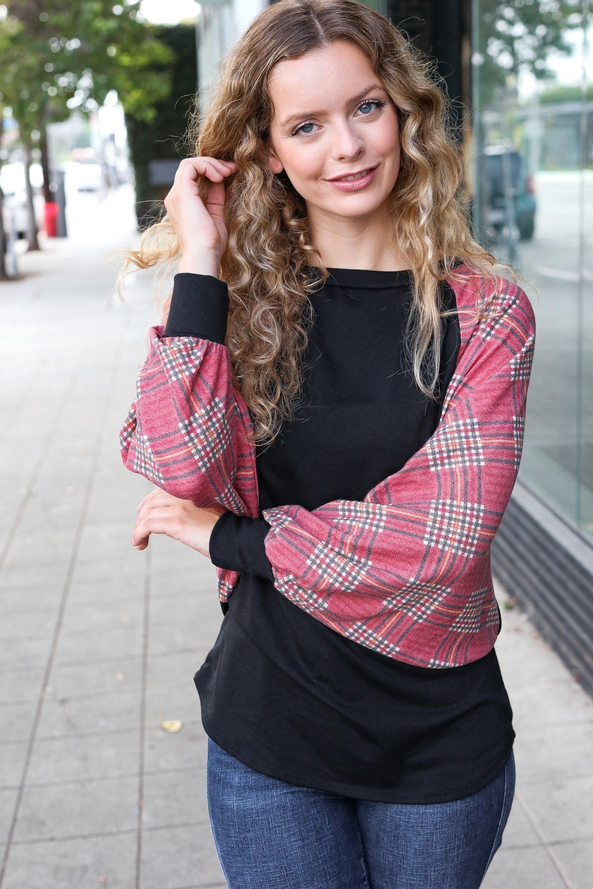 7th Ray You Got This Burgundy Plaid Dolman Round Neck Top