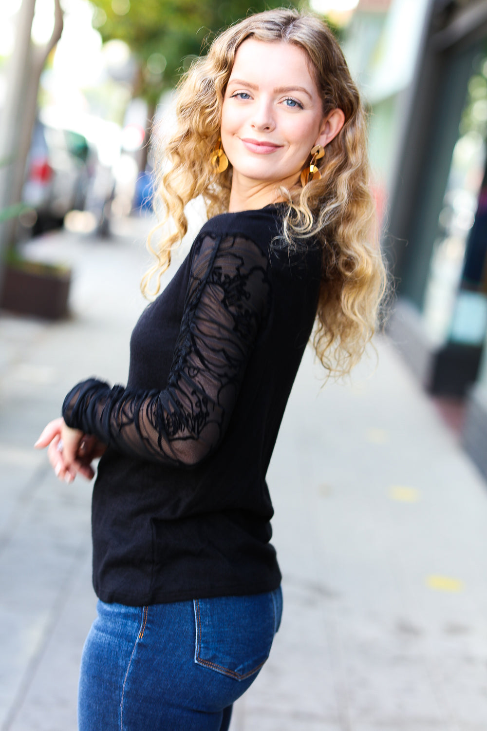 Haptics Can't Help But Love Black Shirred Velvet Mesh Blouse final sale Haptics