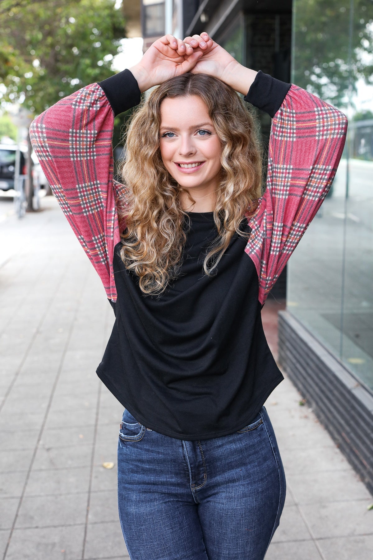 7th Ray You Got This Burgundy Plaid Dolman Round Neck Top