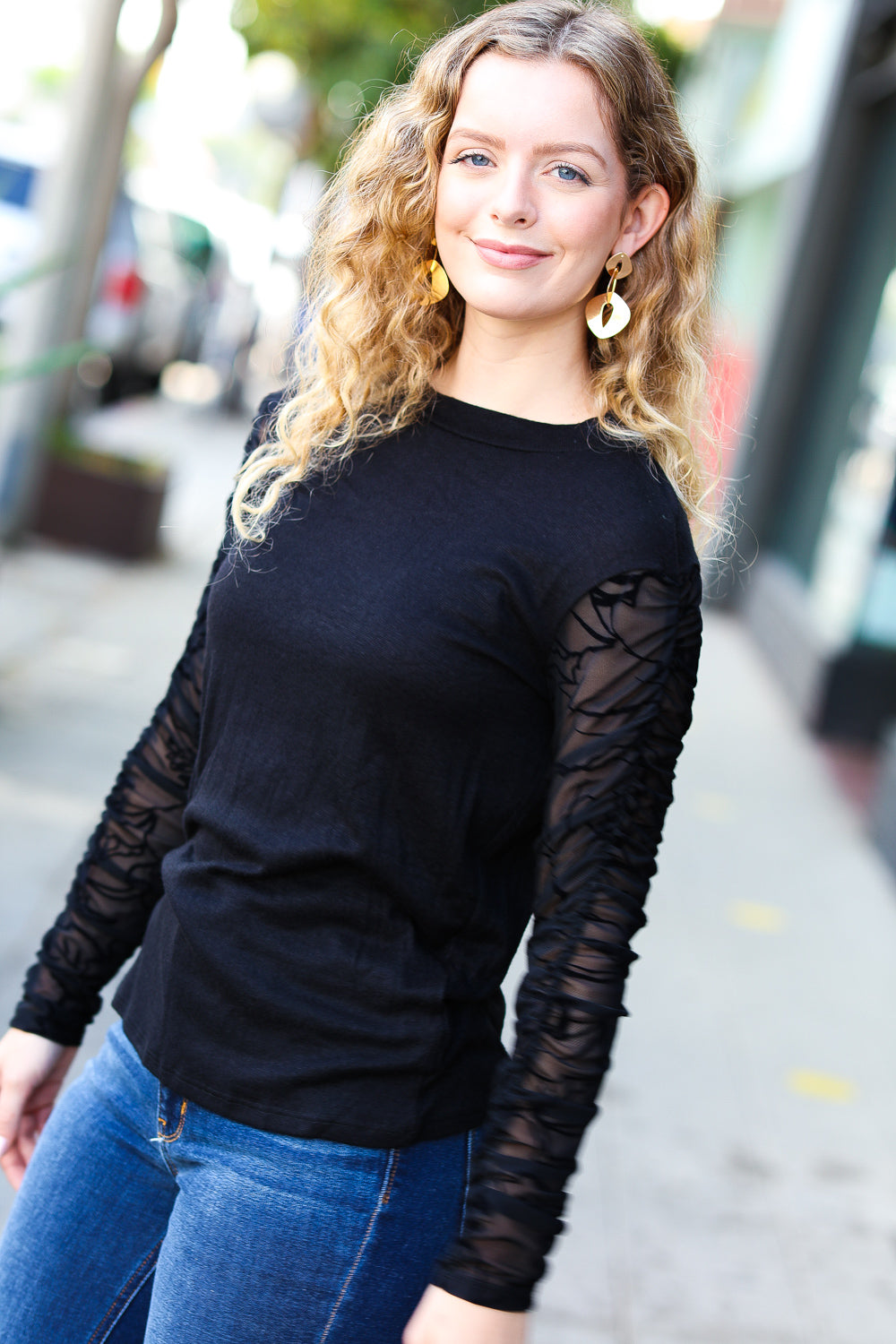 Haptics Can't Help But Love Black Shirred Velvet Mesh Blouse final sale Haptics