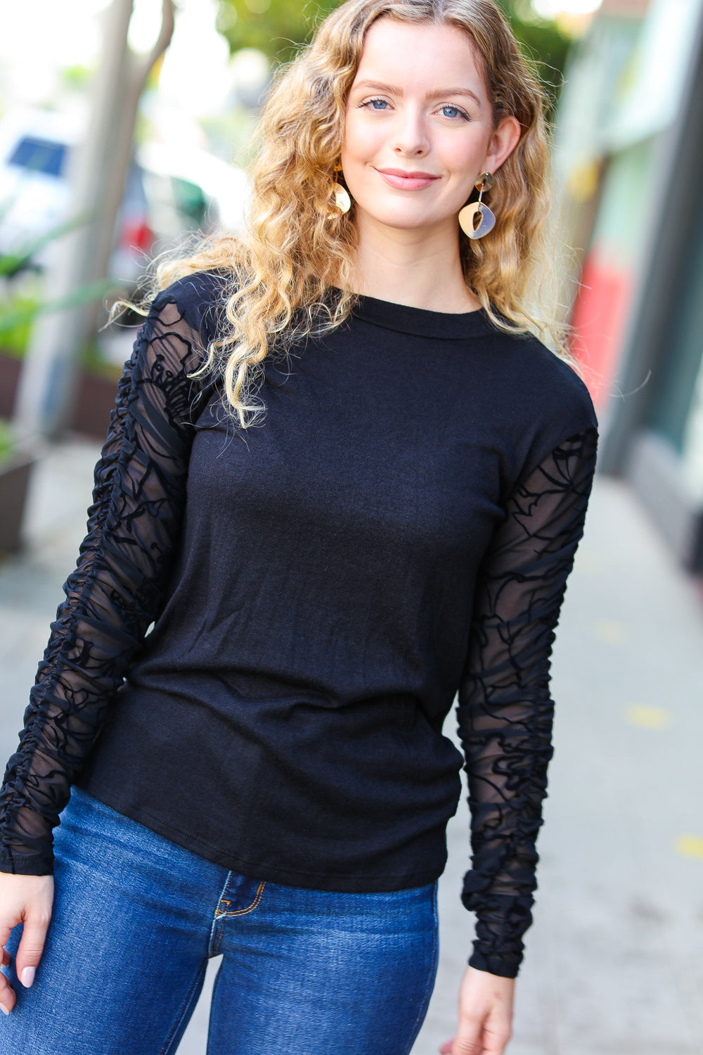 Haptics Can't Help But Love Black Shirred Velvet Mesh Blouse final sale Haptics